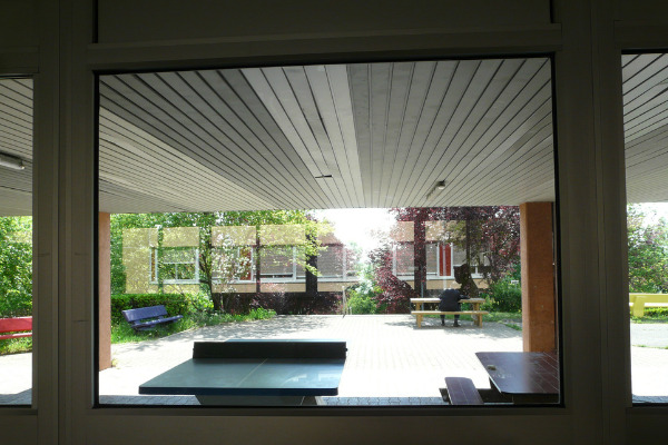 vue du préau depuis l'atrium du projet Imaginons le lycée de demain de la Martinière Duchère